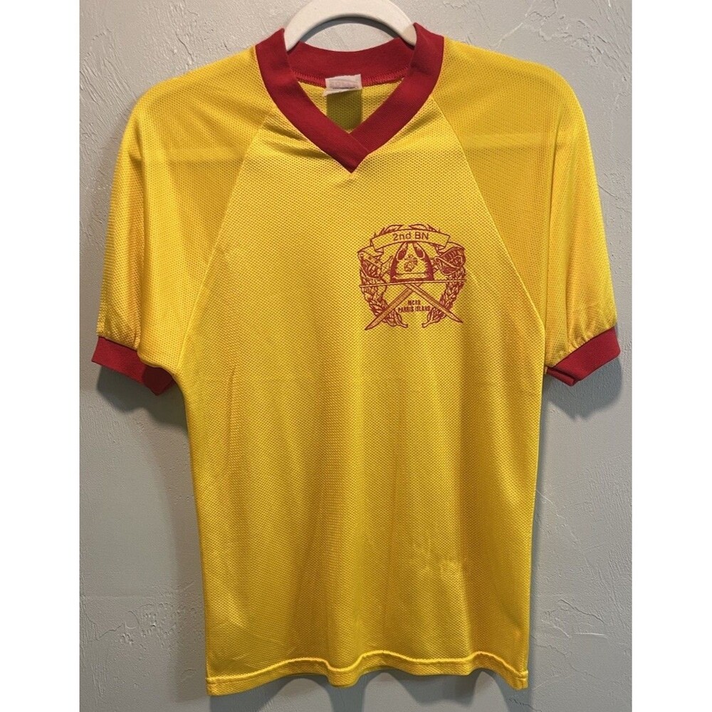 Vintage Soffe Military PT Mesh Ringer Shirt Yellow Red 2nd BN Paris Island Men S